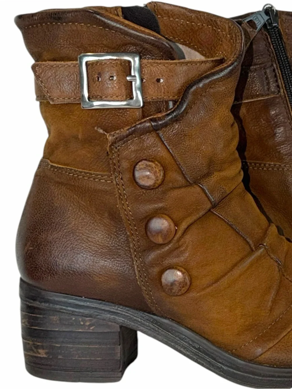 Miz Mooz Sidney Brown Leather Stacked Block Heel Button Side Zip Ankle Boots